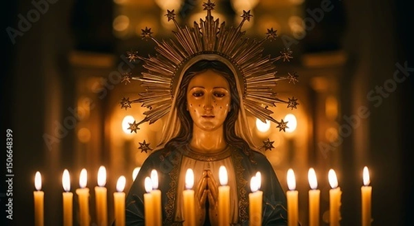 Fototapeta Statue of Madonna with golden halo surrounded by glowing candles