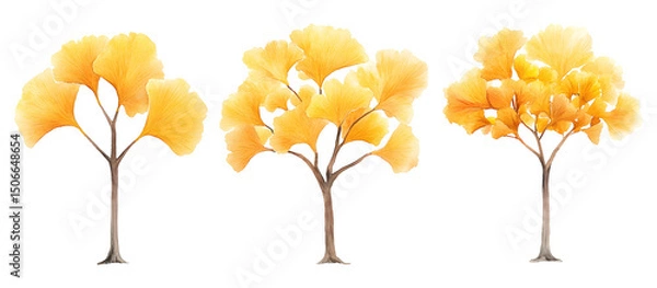 Fototapeta Watercolor painting of three ginkgo trees with vibrant yellow autumn leaves isolated on transparent background
