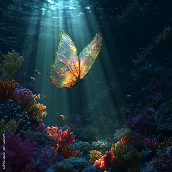 Obraz Colorful butterfly swimming above vibrant coral reef underwater  