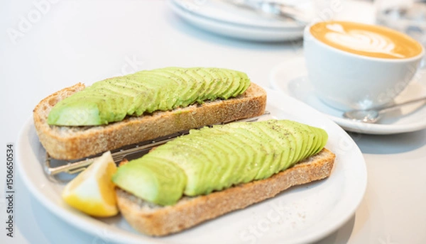 Fototapeta Top down view of two toast bread with sliced avocado topping and a cup of cappuccino. Tsuen Wan, Hong Kong. Selective focus, blurred background.