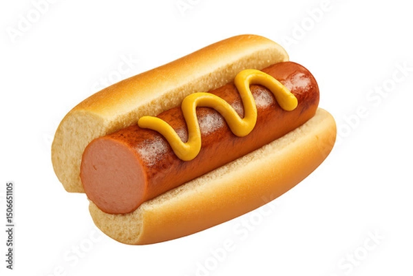 Fototapeta Classic hot dog with half sliced sausage and yellow mustard in a soft bun. Isolated on white with transparent background. Ideal for fast food packaging, menus, and snack ads