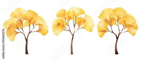 Fototapeta Watercolor painting of three ginkgo trees with vibrant yellow autumn leaves isolated on transparent background