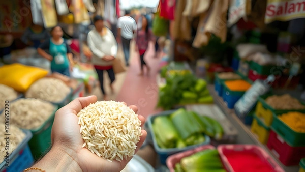 Obraz Handful of Rice at a Vibrant Asian Market A Glimpse into Daily Life