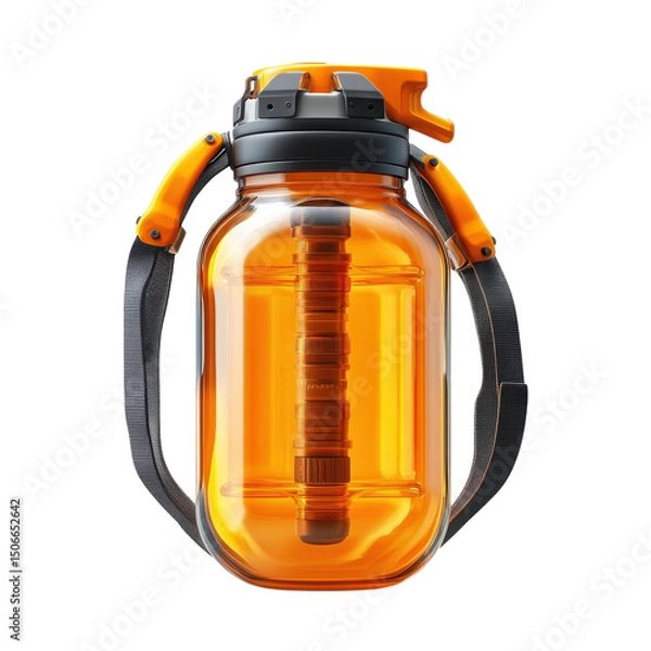 Fototapeta Golden elixir in a sleek futuristic water bottle ready for adventure on transparent background