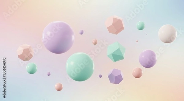Fototapeta Pastel spheres  polyhedra float gently against a soft rainbow backdrop