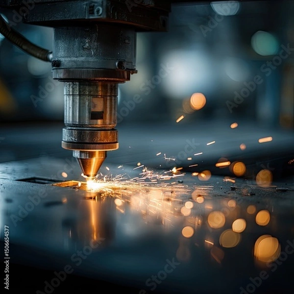 Fototapeta Industrial metal cutting machine in action.  Sparks fly as a laser cutter precisely carves a metal plate.  Focused close-up on the cutting head and the resultant sparks