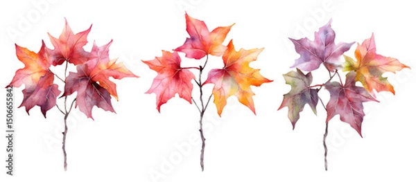 Fototapeta Watercolor painting of three maple trees with vibrant autumn leaves in shades of yellow, orange, and purple isolated on transparent background