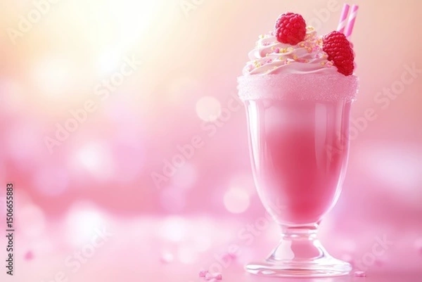 Fototapeta Pink raspberry milkshake in a glass.