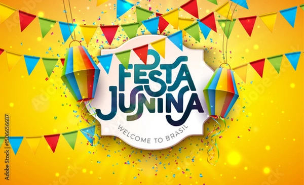 Fototapeta Festa Junina Banner Design with Party Flags, Paper Lantern and Typography Lettering on Yellow Falling Confetti Background. Vector Brazil Sao Joao June Festival Illustration for Greeting Card, Banner
