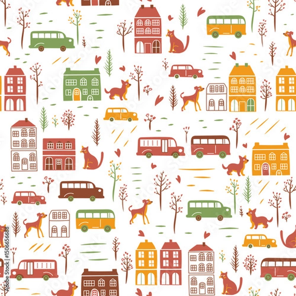 Fototapeta Seamless Scandinavian City Pattern with Cats, Dogs, and Houses – Naive Kids Illustration Playful seamless pattern in a Scandinavian naive style featuring cute houses, cars, buses, trees, cats, and dog