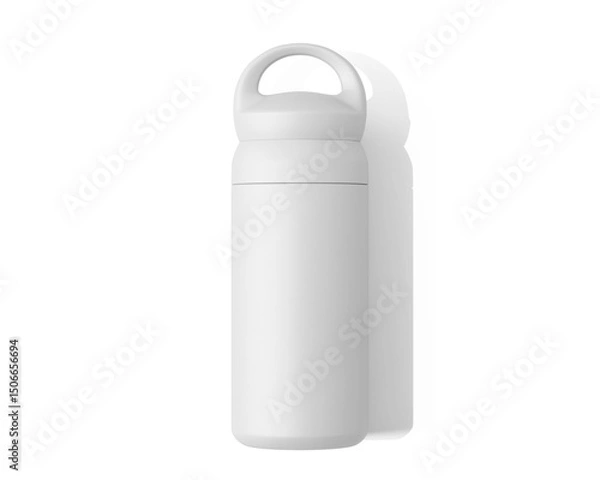 Fototapeta Blank Empty White Thermos Water Bottle, Tumbler Bottle Isolated On Transparent Background, Prepared For Mockup, 3D Render.	