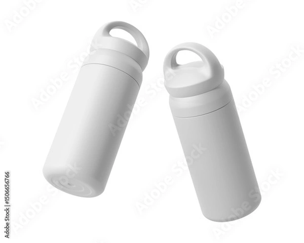 Fototapeta Blank Empty White Thermos Water Bottle, Tumbler Bottle Isolated On Transparent Background, Prepared For Mockup, 3D Render.	
