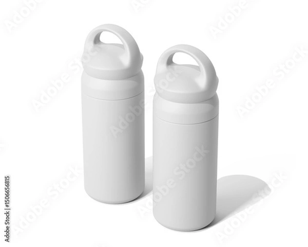 Fototapeta Blank Empty White Thermos Water Bottle, Tumbler Bottle Isolated On Transparent Background, Prepared For Mockup, 3D Render.	