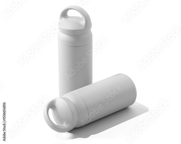 Fototapeta Blank Empty White Thermos Water Bottle, Tumbler Bottle Isolated On Transparent Background, Prepared For Mockup, 3D Render.	