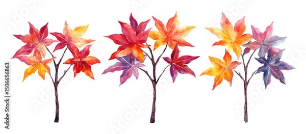 Fototapeta Watercolor painting of three maple trees with vibrant autumn leaves in shades of yellow, orange, and purple isolated on transparent background