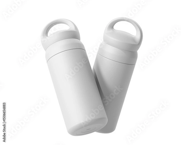 Fototapeta Blank Empty White Thermos Water Bottle, Tumbler Bottle Isolated On Transparent Background, Prepared For Mockup, 3D Render.	