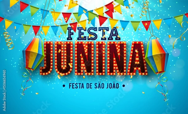 Fototapeta Festa Junina Banner Illustration with Party Flags, Paper Lantern and Light Bulb Billboard Letter on Blue Falling Confetti Background. Vector Brazil June Sao Joao Festival Design Template for Post Card