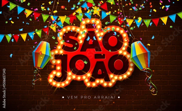 Fototapeta Festa Junina Banner Illustration with Party Flags, Paper Lantern and Sao Joao Light Bulb Billboard Letter on Brick Wall Background. Vector Brazil June Festival Design Template for Post Card, Greeting