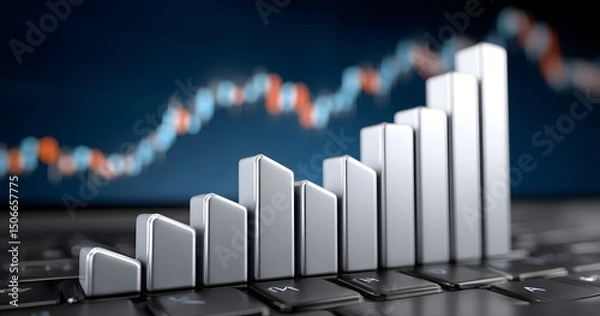 Obraz Ascending Metallic Bars on Laptop Keyboard Against Blurred Stock