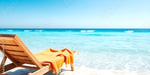 Fototapeta Beach scene with a wooden sun lounger with towel, positioned in front of a calm turquoise sea with gentle waves and soft white foam. Summer vacation mood.