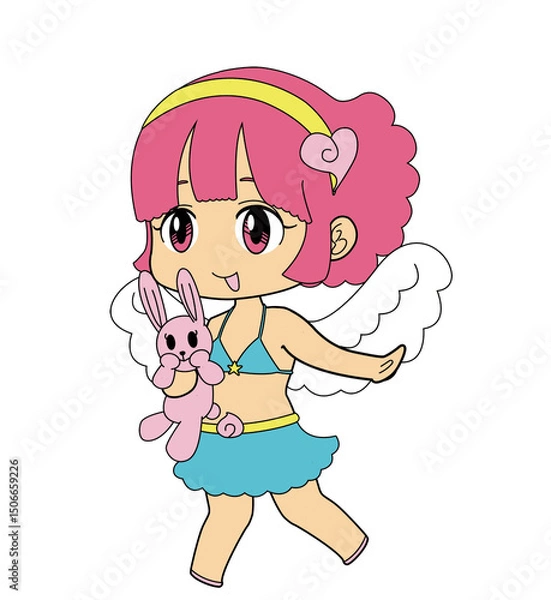 Obraz ピンク髪の天使の女の子とぬいぐるみ・かわいいアニメ風キャラクター
