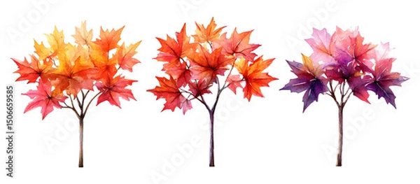 Fototapeta Watercolor painting of three maple trees with vibrant autumn leaves in shades of yellow, orange, and purple isolated on transparent background