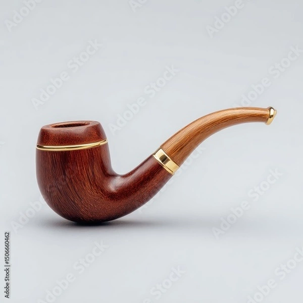 Fototapeta Elegant smoking pipe, crafted from reddish-brown wood, with a smooth, curved bowl and a long, subtly curved stem.  Gold accents adorn the joinery