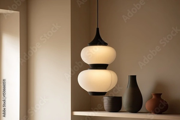 Fototapeta A pendant light fixture hangs above a shelf holding various pottery