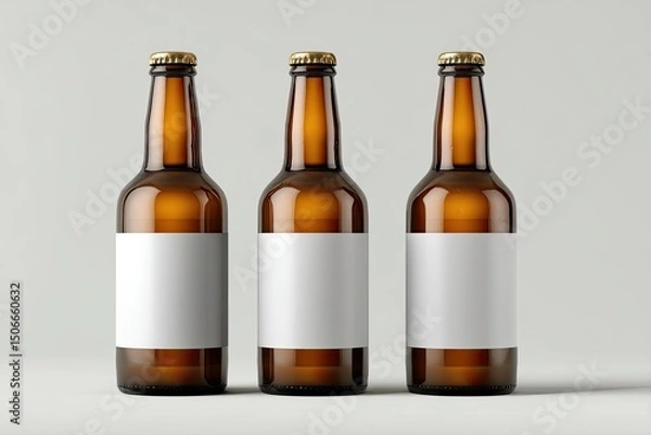 Fototapeta Three amber glass bottles with blank white labels