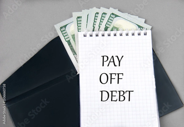 Fototapeta PAY OFF DEBT - words in a notebook against the background of a black envelope and banknotes