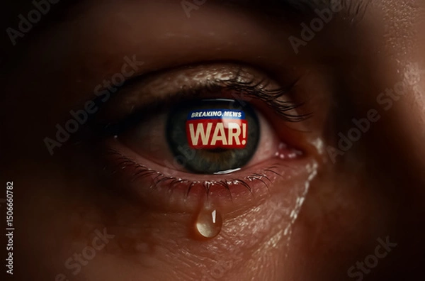 Fototapeta Tearful eye reflecting a breaking news alert with 'WAR!' on the iris, symbolizing emotional impact and fear in times of crisis.