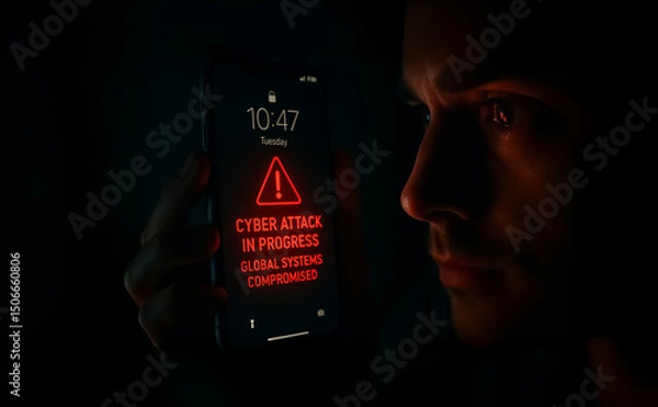Obraz Close-up of a man in the dark, lit by a smartphone showing 'CYBER ATTACK IN PROGRESS – GLOBAL SYSTEMS COMPROMISED', reflecting urgency.