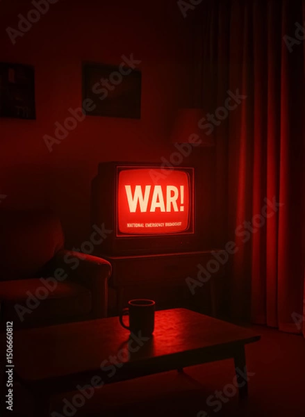 Fototapeta An old-style TV emits a red warning screen with 'WAR!' and 'National Emergency Broadcast' text, creating a tense, cinematic atmosphere.