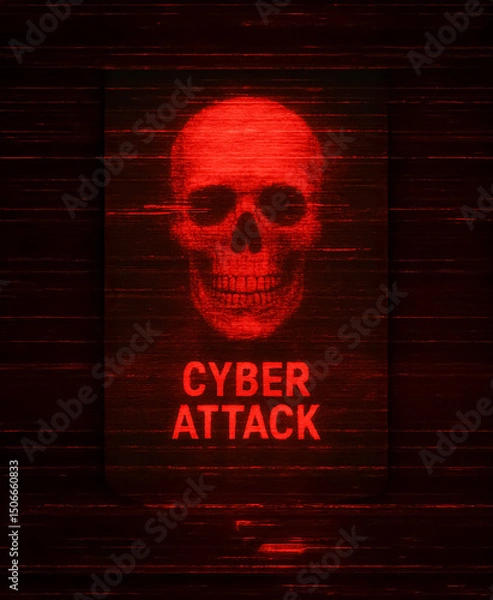 Fototapeta Red digital skull with the words 'Cyber Attack' over glitchy dark background, symbolizing malware or data attack warning in a dystopian aesthetic.