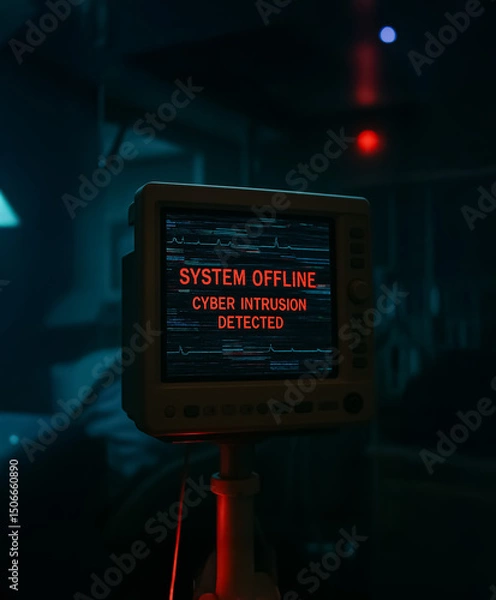 Fototapeta Medical monitor in dim emergency room shows red warning 'System Offline – Cyber Intrusion Detected', suggesting critical digital security breach in healthcare environment.