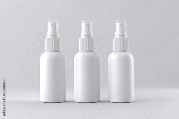 Fototapeta Three blank spray bottles,  perfect for mockup.  Empty,  white cosmetic containers,  ready for branding