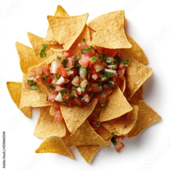 Fototapeta Pile of tortilla chips topped with salsa