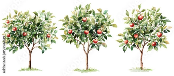 Fototapeta Watercolor illustration of apple trees with ripe apples on branches and green leaves isolated on transparent background