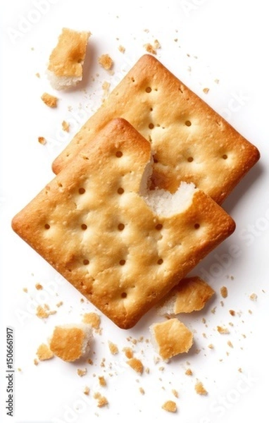 Fototapeta Two crispy crackers, one broken apart, scattered crumbs