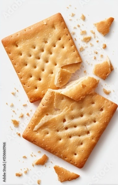 Fototapeta Two square crackers, broken apart, showing crispy texture.  Crumbs scattered around