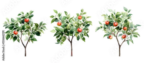 Fototapeta Watercolor illustration of apple trees with ripe apples on branches and green leaves isolated on transparent background