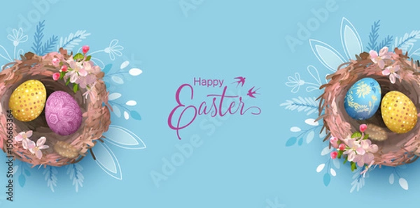 Fototapeta Easter banner with nest, painted eggs and spring drawn flowers