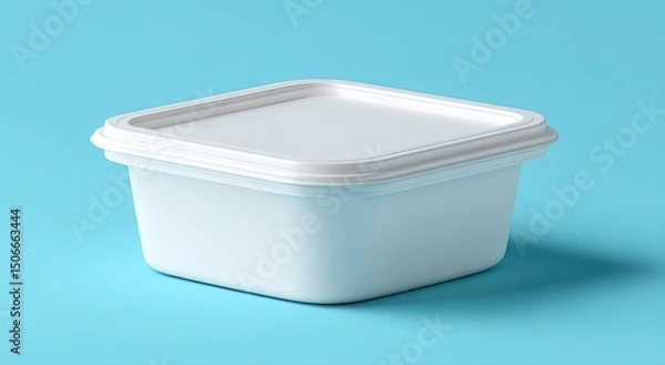 Fototapeta Square food container with a lid.  A simple, white plastic container, perfect for storing or transporting food.  The lid fits snugly on top