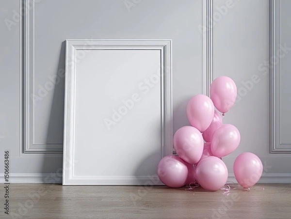 Fototapeta Empty frame with pink balloons in a refined room
