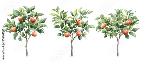 Fototapeta Watercolor illustration of apple trees with ripe apples on branches and green leaves isolated on transparent background