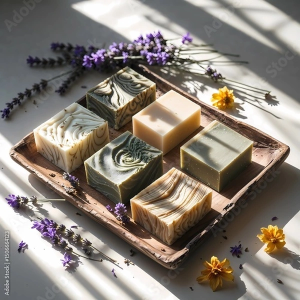 Fototapeta Handmade Natural Soaps Arranged on Weathered Driftwood Tray with Lavender and Dried Flowers in Warm Sunlight