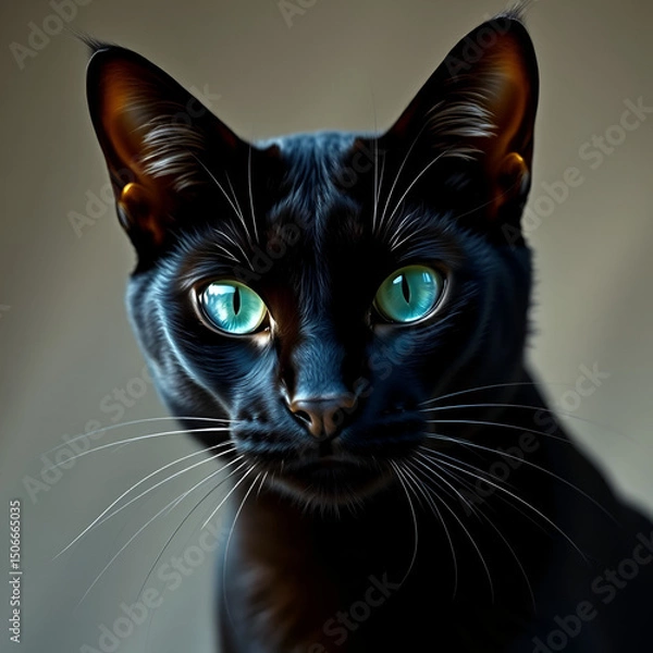Obraz Sleek black feline gazes curiously, deep emerald eyes glinting, set against a smooth, softly blurred backdrop, exuding an air of mystery and elegance, perfect for digital displays.