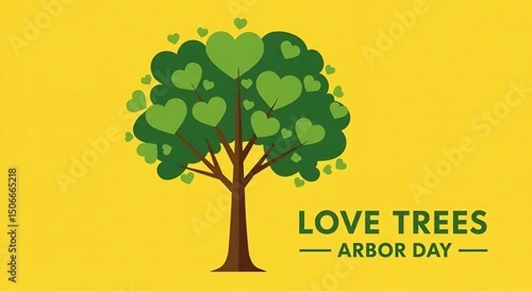 Fototapeta A stylized Love Trees Arbor Day image features a tree with green heartshaped leaves against a yellow background