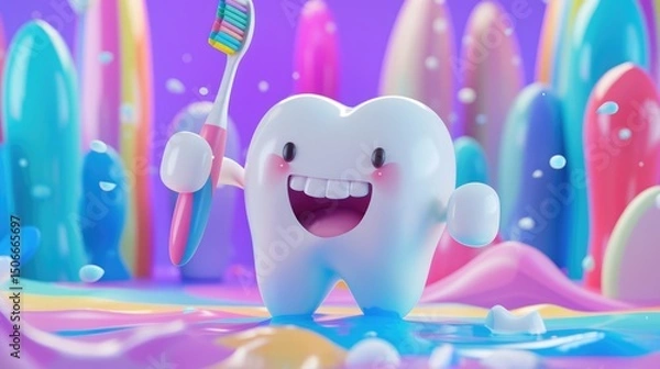 Fototapeta Happy tooth character with toothbrush and toothpaste in bathroom setting for dental hygiene concept background