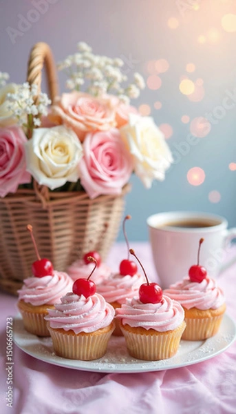 Obraz cupcakes with pink rose Generative AI	